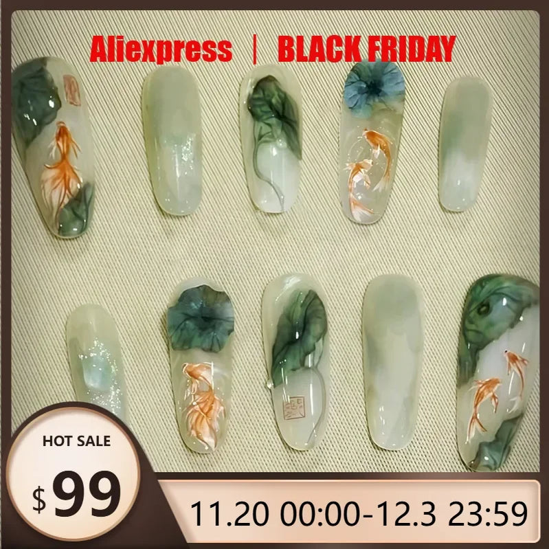 10Pcs Oriental-Themed Press-On Nails with Lotus Leaf,Koi Fish,Bamboo Patterns Crescent Moon Designs Nail Tips for Women&Girls