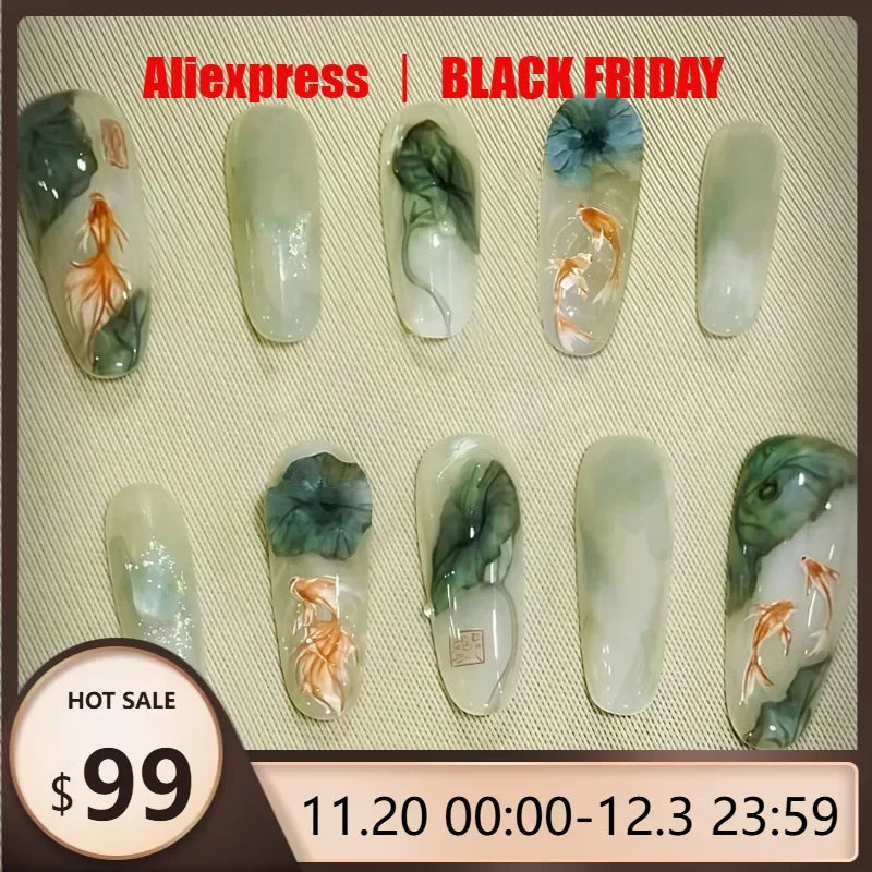 10Pcs Oriental-Themed Press-On Nails with Lotus Leaf,Koi Fish,Bamboo Patterns Crescent Moon Designs Nail Tips for Women&Girls