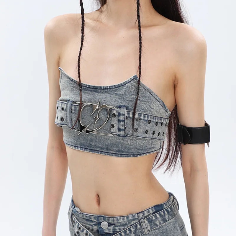 SHENGPALAE Fashion Women's Denim 3 Piece Sets Metal Design Fishbone Strapless Belt Mini Skirt Flare Jeans Summer 2023 New 5R5066 Blue strapless