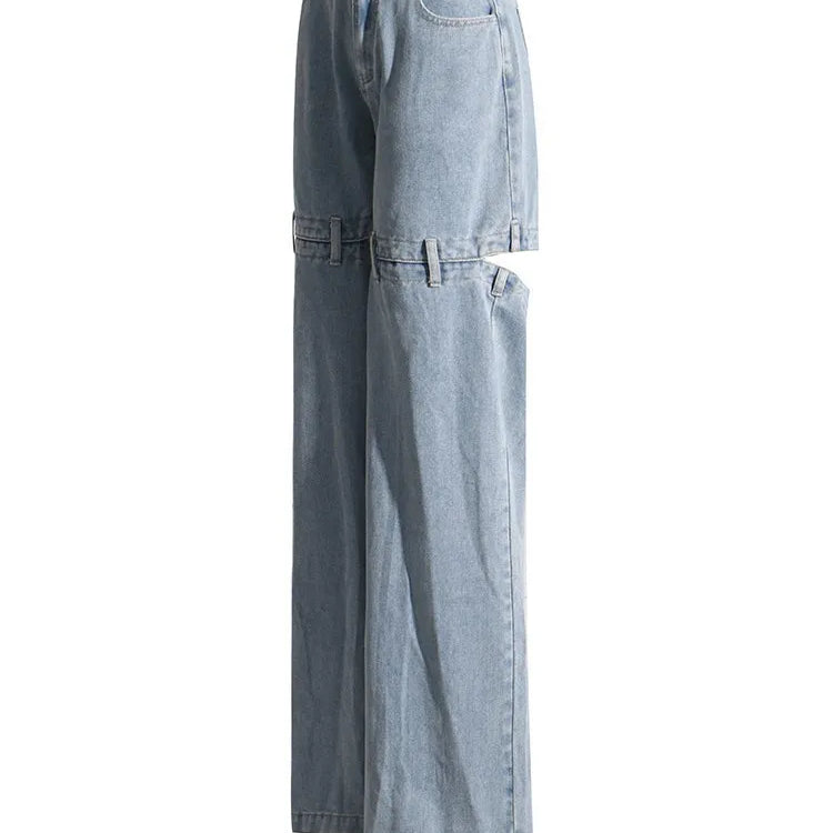 Hollow Out Streetwear Denim Trousers For Women High Wasit Loose Patchwork Wide Leg Pats Female Fashion Summer Clothing New