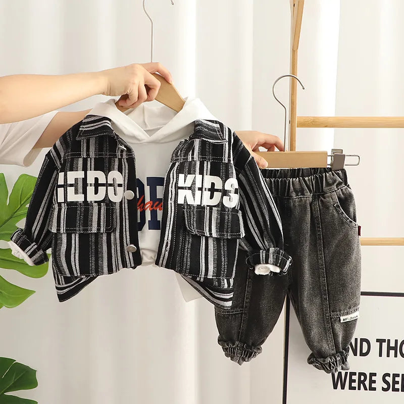 Baby Boy Cotton Clothes Spring Autumn Fashion Cowboy Trousers+Long Sleeve+Coat 3Piece Leisure Sports Stars Denim Clothes Suit AL04 Black