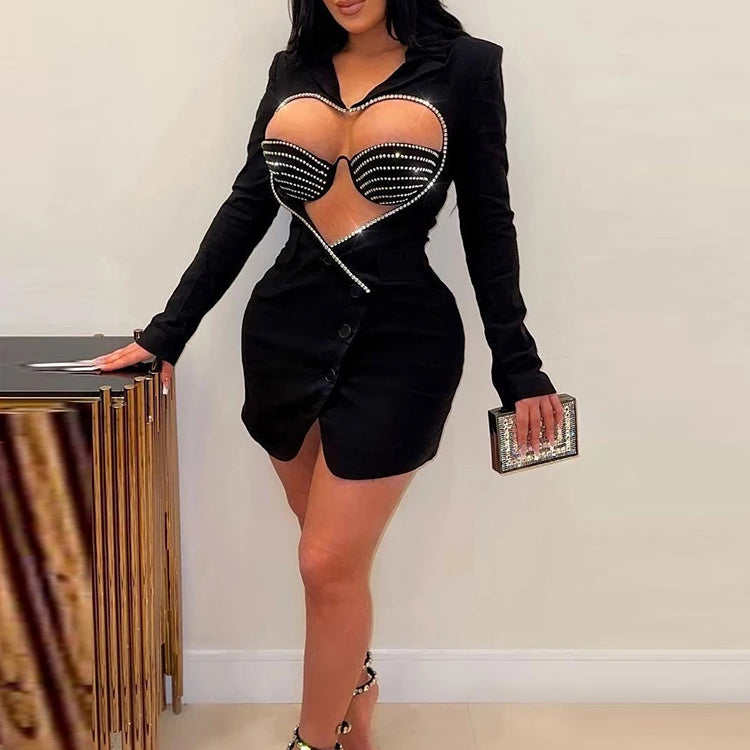 Luxury Designer Rhinestone Blazer Dress for Women Long Sleeve Bodycon Evening Sexy Black Short Party Crystal Vestidos