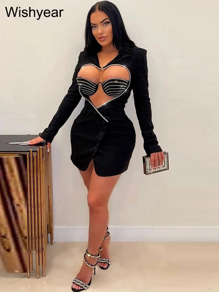 Luxury Designer Rhinestone Blazer Dress for Women Long Sleeve Bodycon Evening Sexy Black Short Party Crystal Vestidos