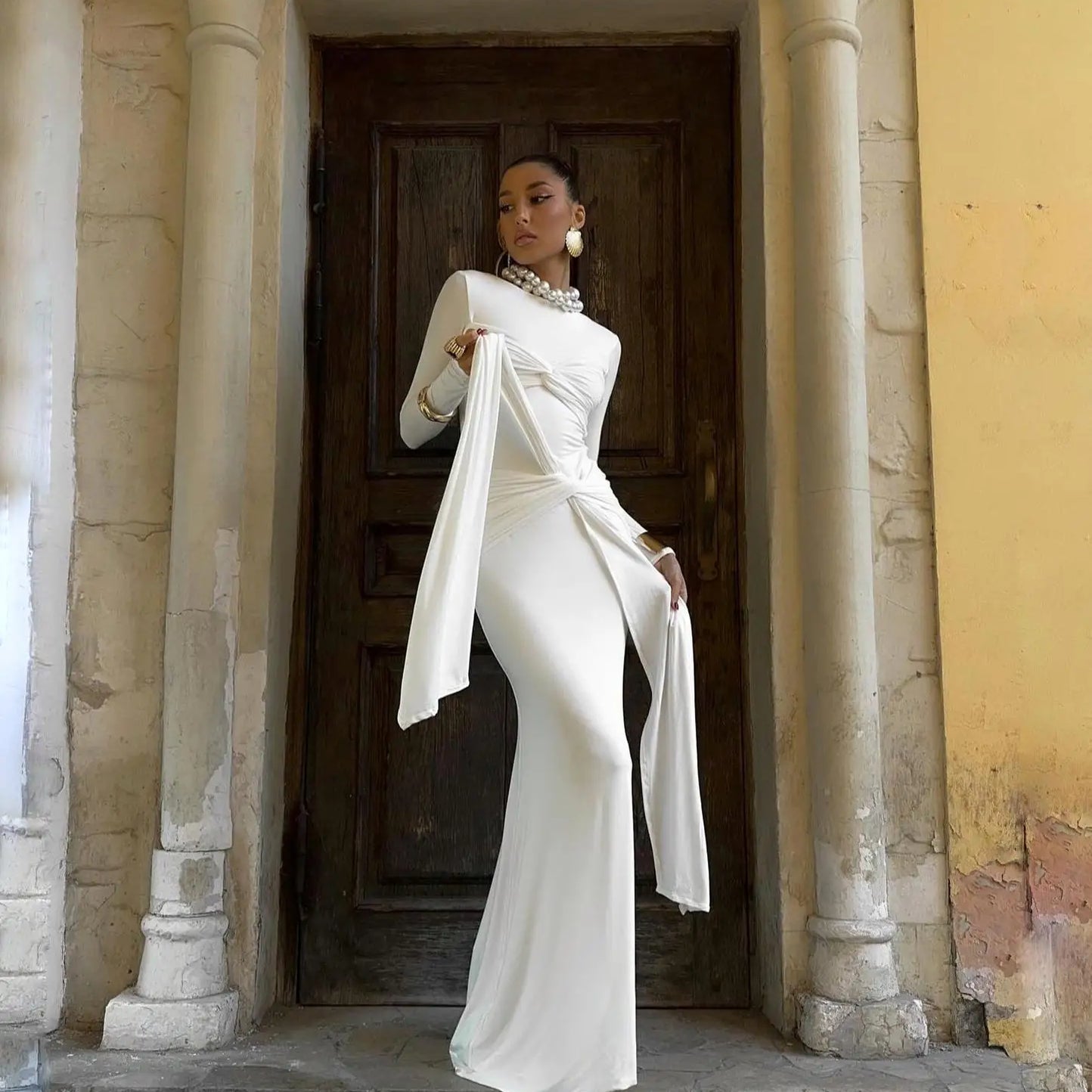 Women Celebrity Sexy O Neck Long Sleeve Gray White Maxi Long Gowns Dress  Elegant Evening Party Club Vestido