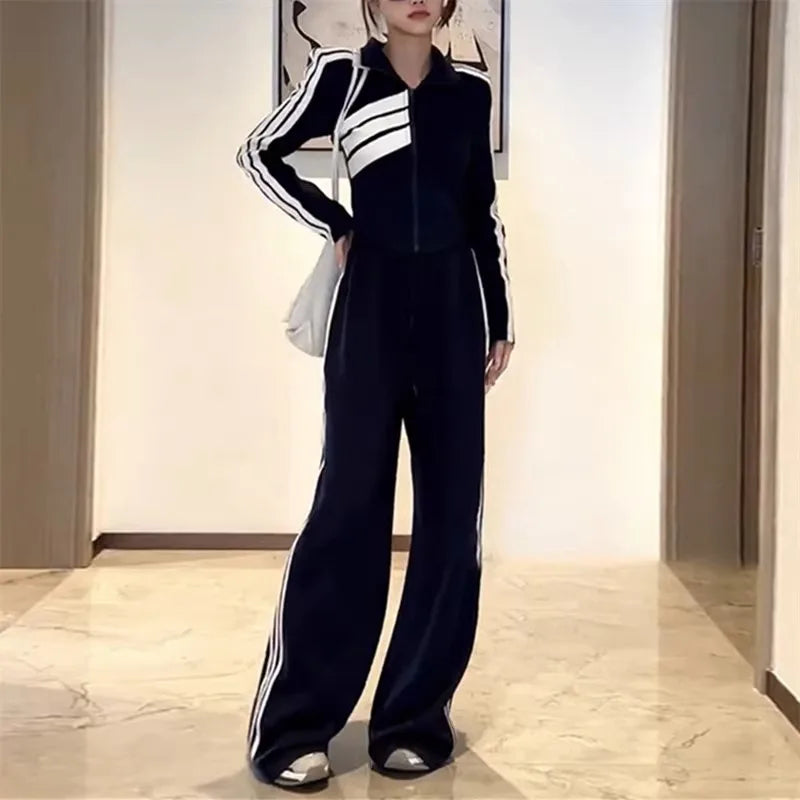 Striped Sports Set Women's Autumn/Winter Fashion Contrast Color Zipper Coat Long Sleeve Casual Wide Leg Pants Two Piece Set black CHINA