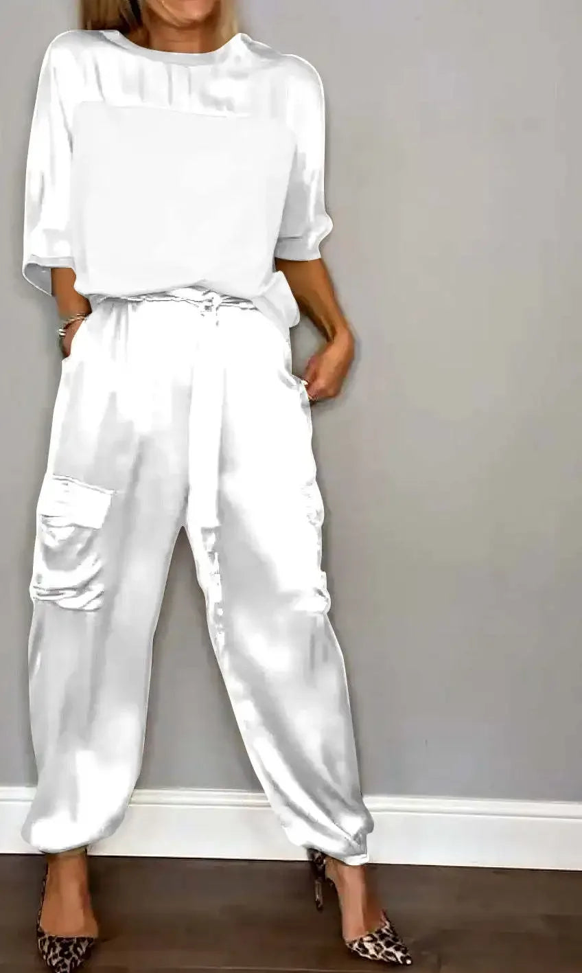 Summer Fashion New Elegant Women's Plus Size Set Street View Smooth Satin Half Sleeve Shirt Casual Pants Sports Two Piece Set