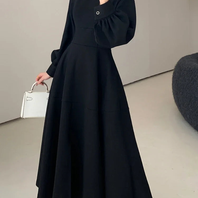 Spring Elegant Women Fashion New Casual Black Dress Vintage A-Line Solid Party Birthday Robe Female Chic Clothes Mujers
