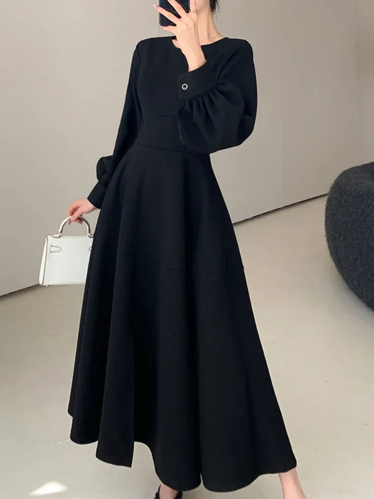 Spring Elegant Women Fashion New Casual Black Dress Vintage A-Line Solid Party Birthday Robe Female Chic Clothes Mujers