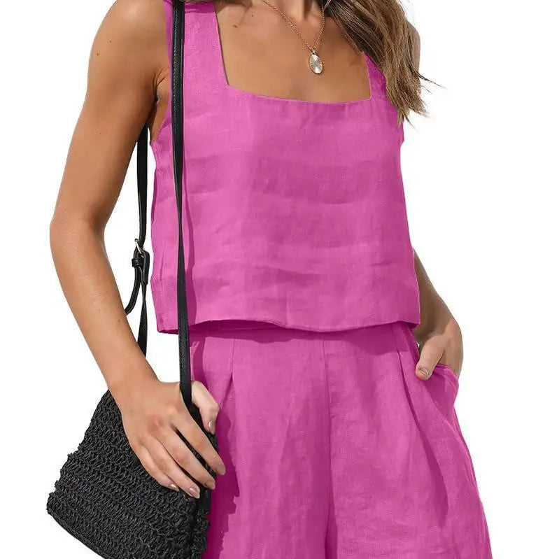 Short Suit Women 2 Pieces Set Vest Shorts Outfit Solid Color Sleeveless Spring Summer Pockets Casual Daily Linen Female Clothing Rose