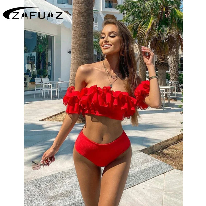 Sexy Red Ruffle Bikinis Swimsuits Women High Waist Swimwear Off Shoulder Bathing Suit Beachwear Bandeau Biquini