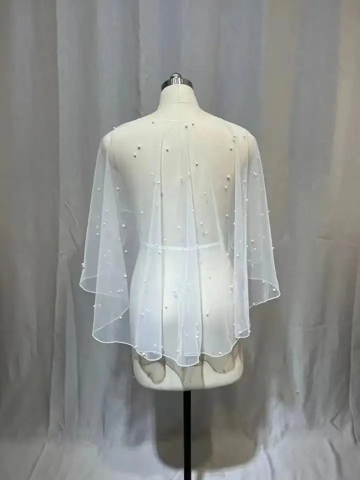 Wedding Accessories Bolero Bridal Cloak Pearls Wedding Cape short front long back Women Wrap Cape Evening Wrap Shawl