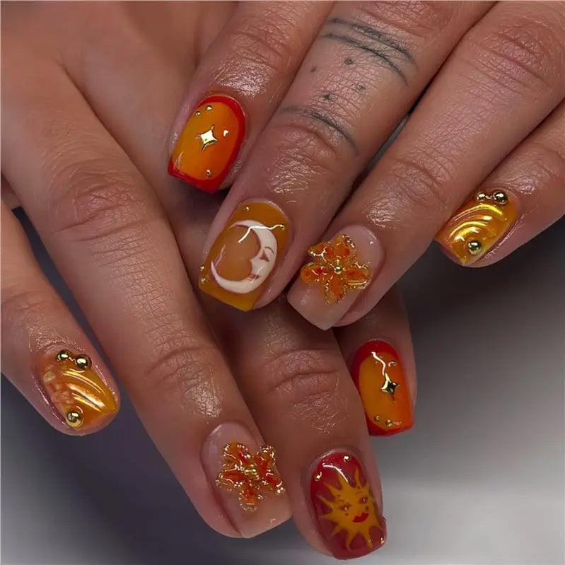 24pcs Simple Flower Press on Nails Sets Orange French Mid-length Square Fake Nail Tips Reusable False Nail Art Finished Manicure