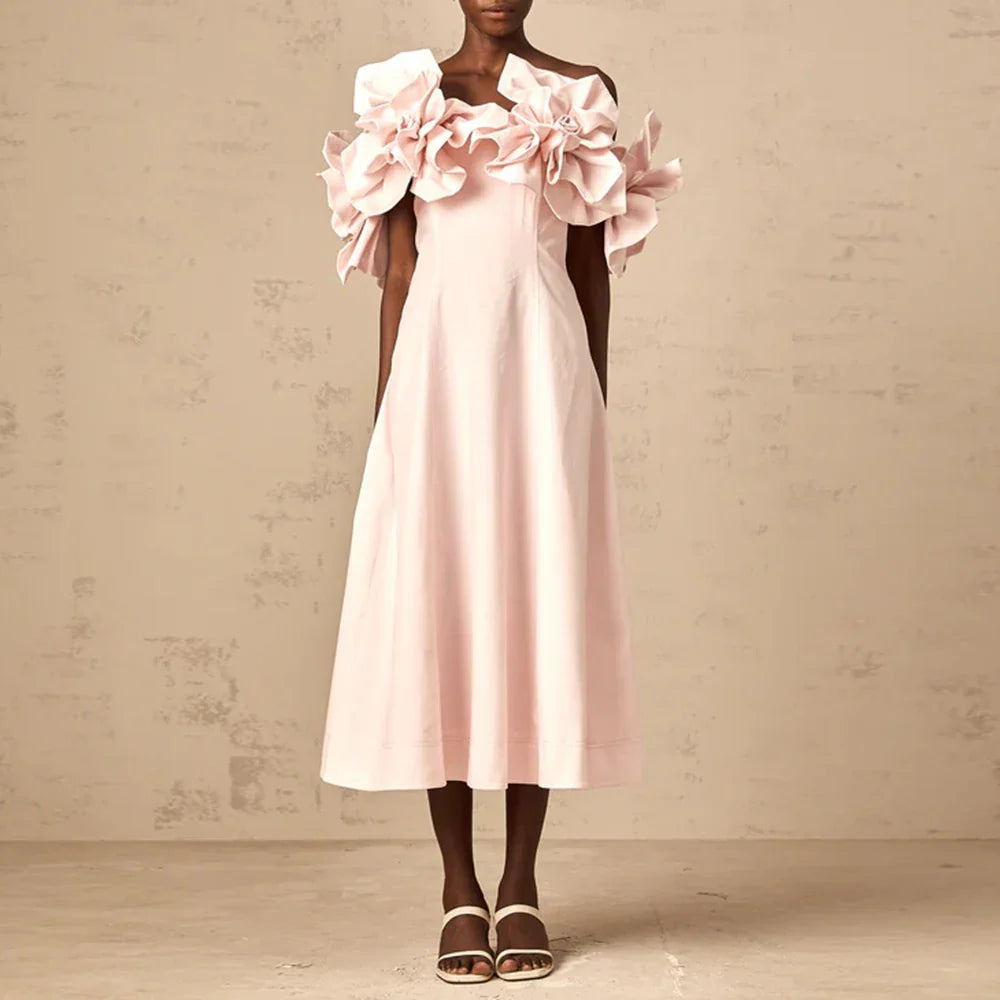 Solid Slimming Elegant Dresses for Women Strapless Off Shoulder Patchwork 3D Flowers Fashion Dress Female Clothing