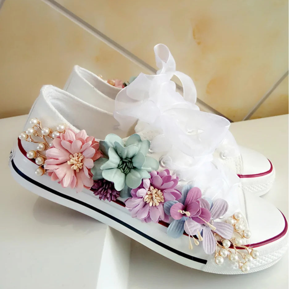 Korean Fantasy 7 Color DIY Flowers Vulcanized Shoes Pearl Hand-Made Designer Women's Rhinestone Platform Canvas Shoes