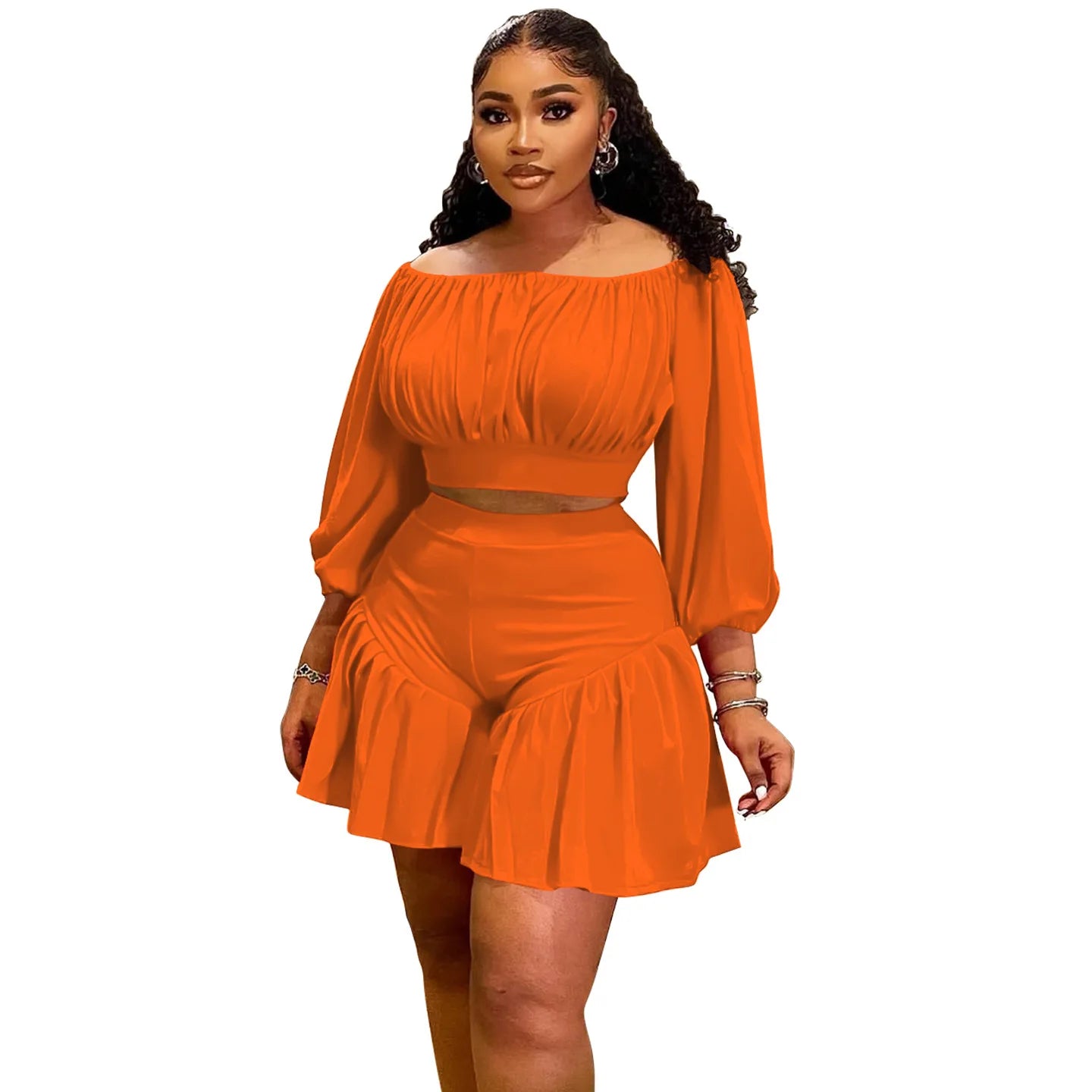 CM.YAYA Plus Size Women's Set Long Sleeve Slash Neck T-Shirt and Shorts 2025 Summer Ruched Two 2 Piece Set Outfits Tracksuit