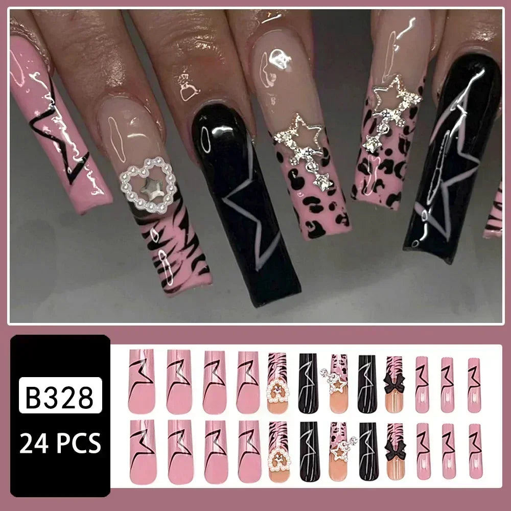 24Pcs French False Nails Pink Zebra Pattern Press on Nails Medium Square Coffin False Nails Y2k Artificial Full Cover Nail Tips