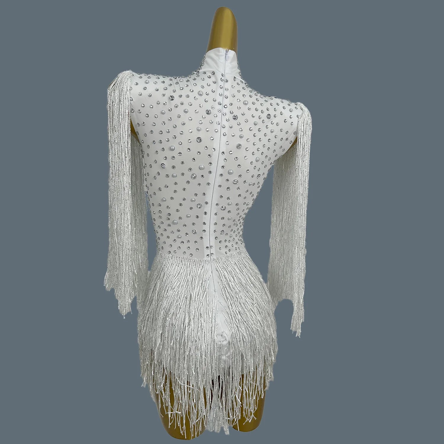 Stunning White Pearls Sequins Tassels Bodysuit Women Sexy Latin Dance Performance Costume Event Show Stage Club Outfit Baiyun