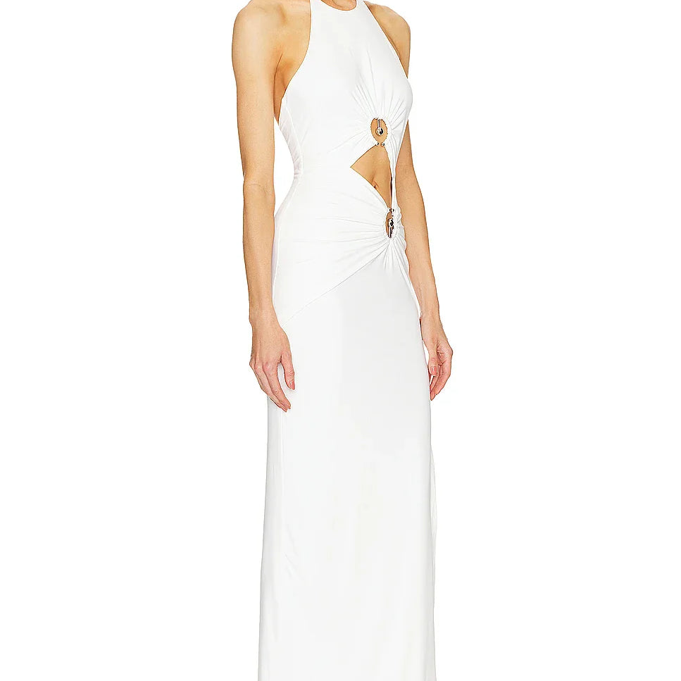 White Color Women Sexy Off the Shoulder Keyholes Bodycon Bandage Mid-calf Dress Backless Fashion Celebrate Nightclub Party Dress