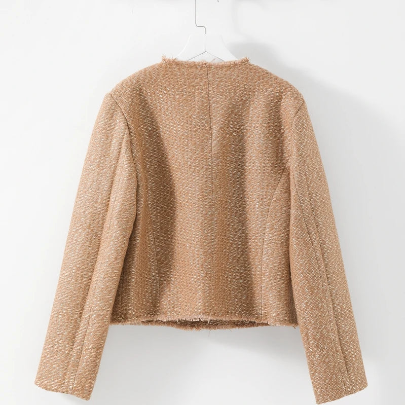 Short Tweed Coat Women Autumn Fashion Elegant O-neck Long Sleeve Botton Frayed Pockets Jackets Female Outwear Office Lady Coats