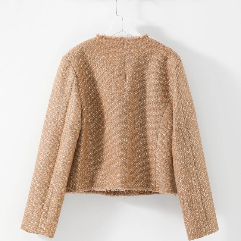 Short Tweed Coat Women Autumn Fashion Elegant O-neck Long Sleeve Botton Frayed Pockets Jackets Female Outwear Office Lady Coats