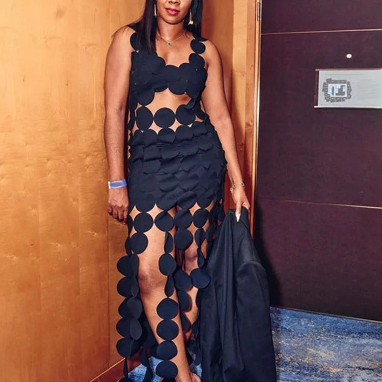 Halter Black Backless Hollow Out Hole Tassel Sexy Maxi Dress Slim Summer Fashion See Through Festival Nightclub Clothes