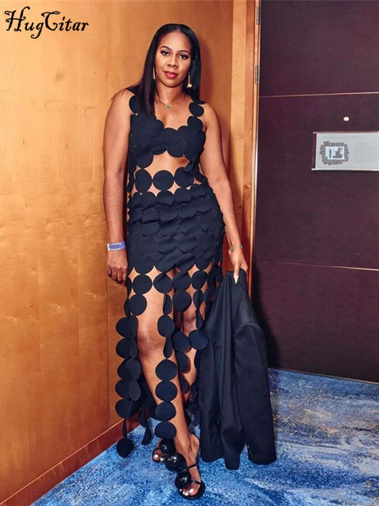 Halter Black Backless Hollow Out Hole Tassel Sexy Maxi Dress Slim Summer Fashion See Through Festival Nightclub Clothes