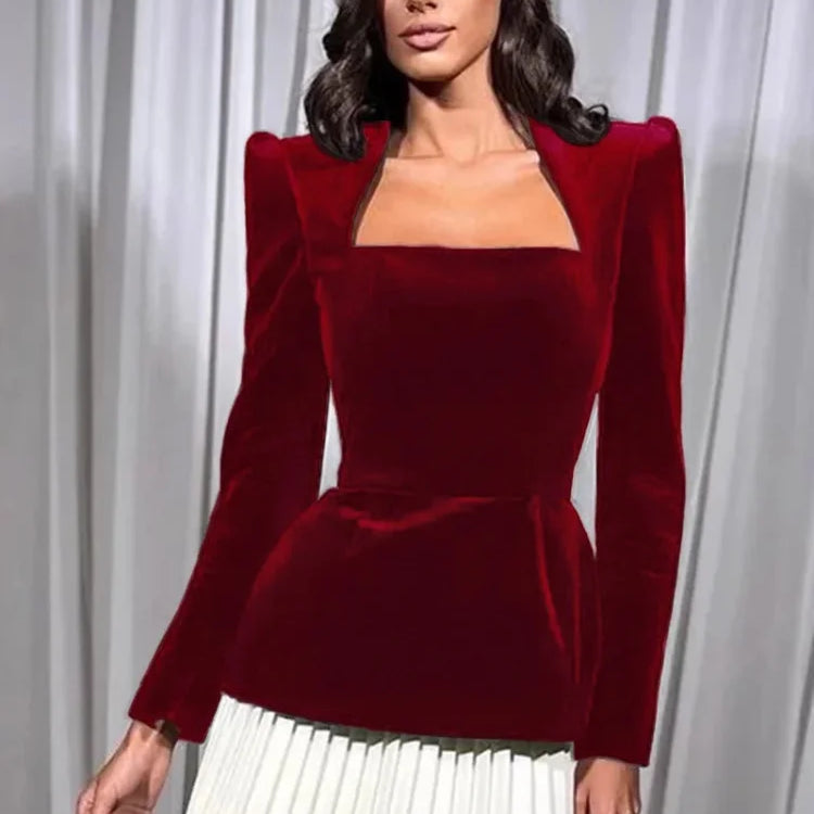 Fashion Contrasting Pleated Hem Midi Dress Elegant Square Neck Shoulder Pad Velvet Short Dresses Fall Lady Evening Party Vestido