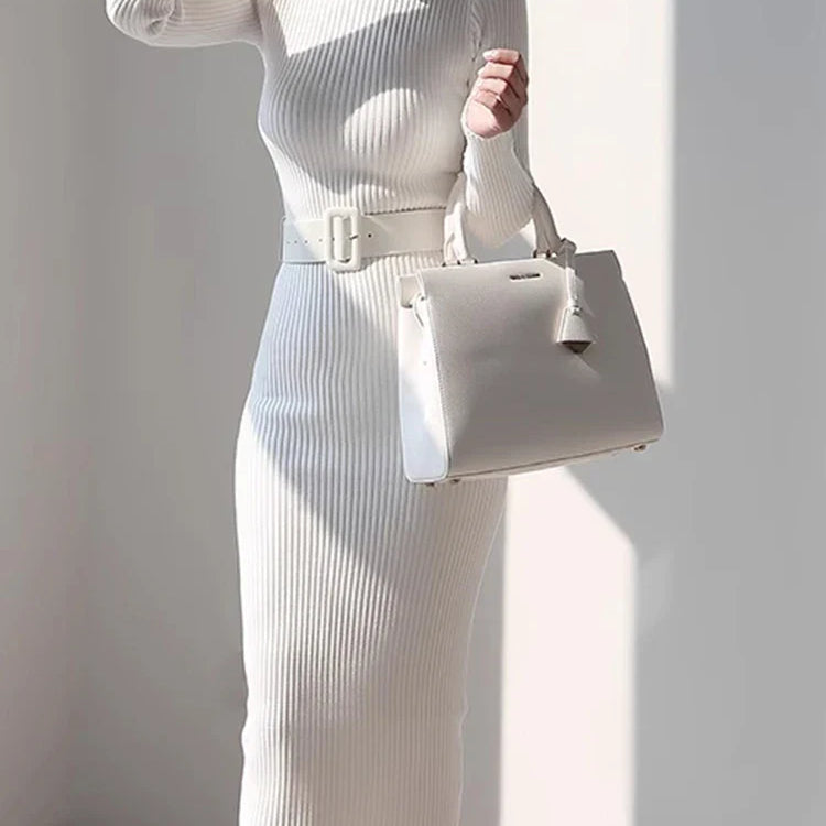 H Han Queen Knitted Turtleneck Sweater Bodycon Dress Bottoming Women Soft Elastic Autumn Winter Midi Party Dresses With Belt