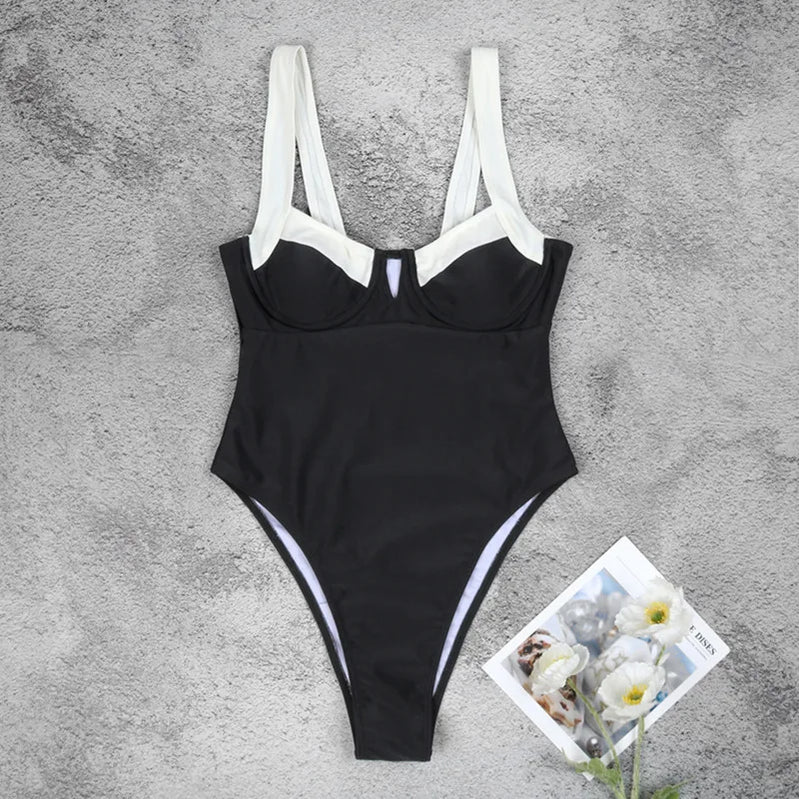 Beach Style Black White One Piece Swimsuit Summer Sexy Backless Bikini Set New Solid Shoulder Strap Swimming Suit For Women