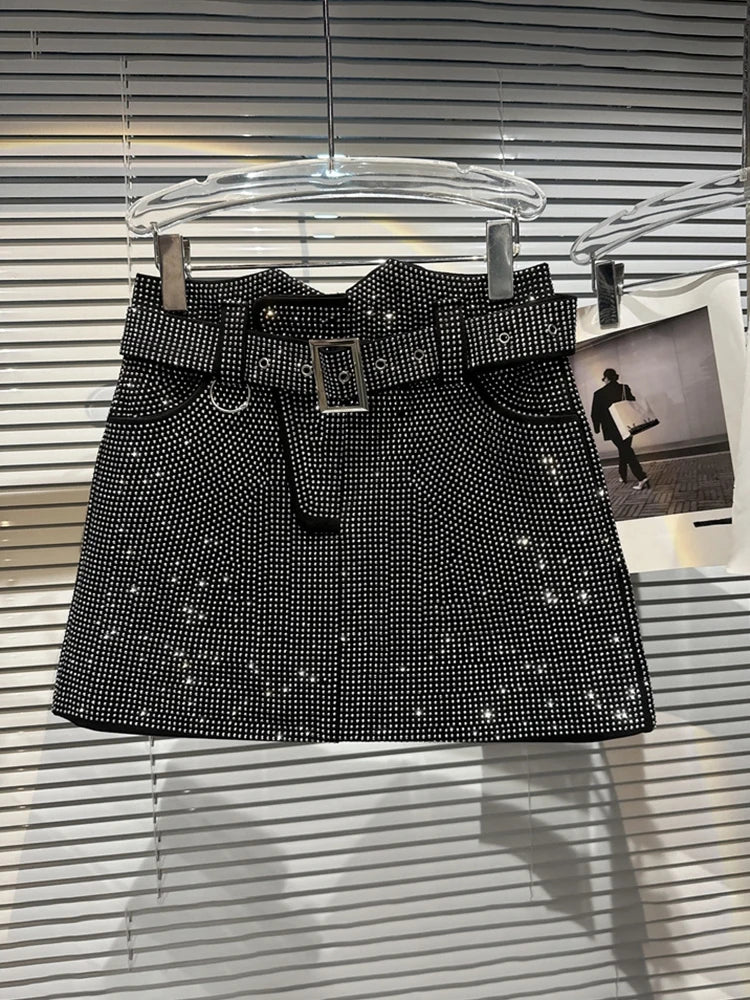 Summer Female Shiny Rhinestone Splice Sexy Strapless Women's High Waist Belt Designer Mini Short Skirts