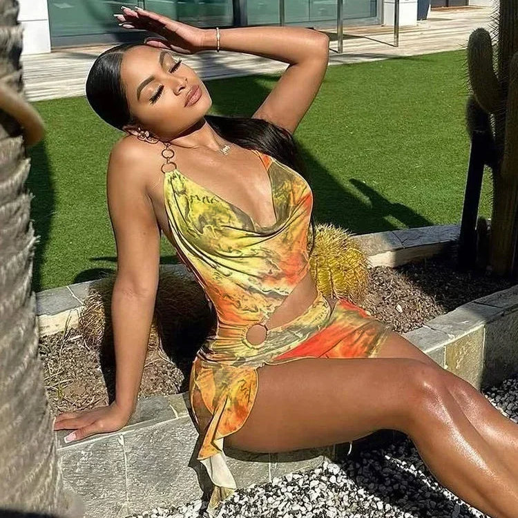Sexy Printed Tie-dye Hollow Out Mini Dress Fashion Sleeveless Curling Edge Slim Fit Gown New Female Cocktail Party Vestidos 2025