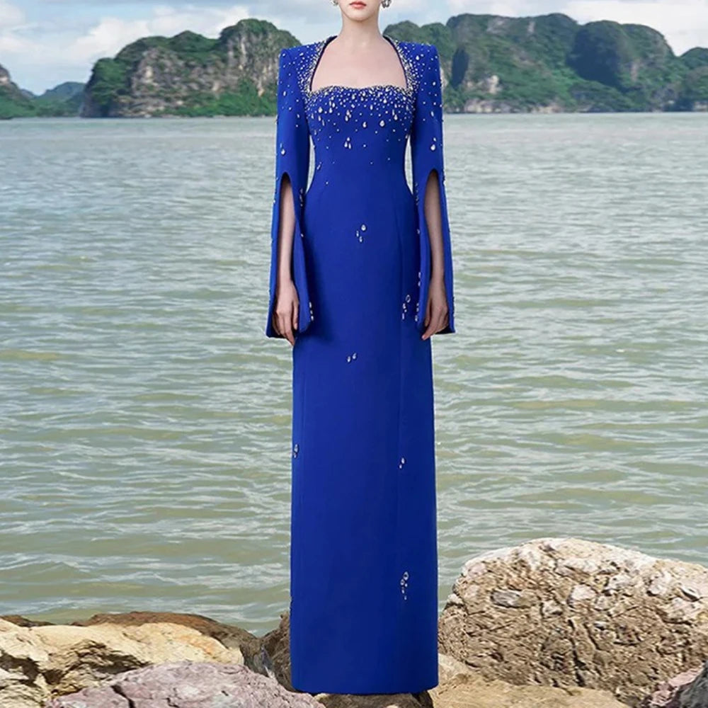 TWOTWINSTYLE Solid Slimming Spliced Bead Luxurious Dresses for Women Square Neck Long Sleeves Patchwork Split Dress Femlae New