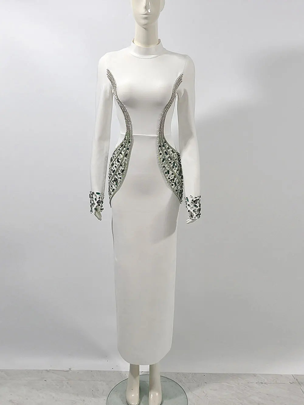 2024 Sexy Women's Heavy Industry Beaded Bandage Dress Bodycon Stand Collar Long Sleeve Midi Dress Cocktail Evening Party Vestido