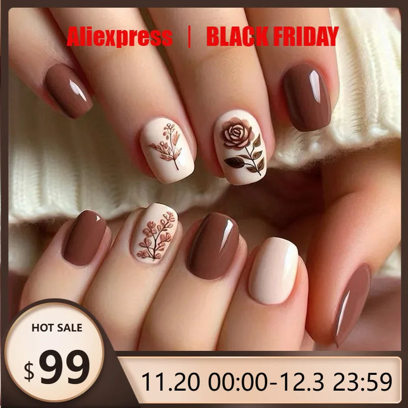 24pcs Simple Brown Rose Press on Nails Solid Color Lines Fake Nail Tips Women Wearable Cover Fashion Short Side False Nails