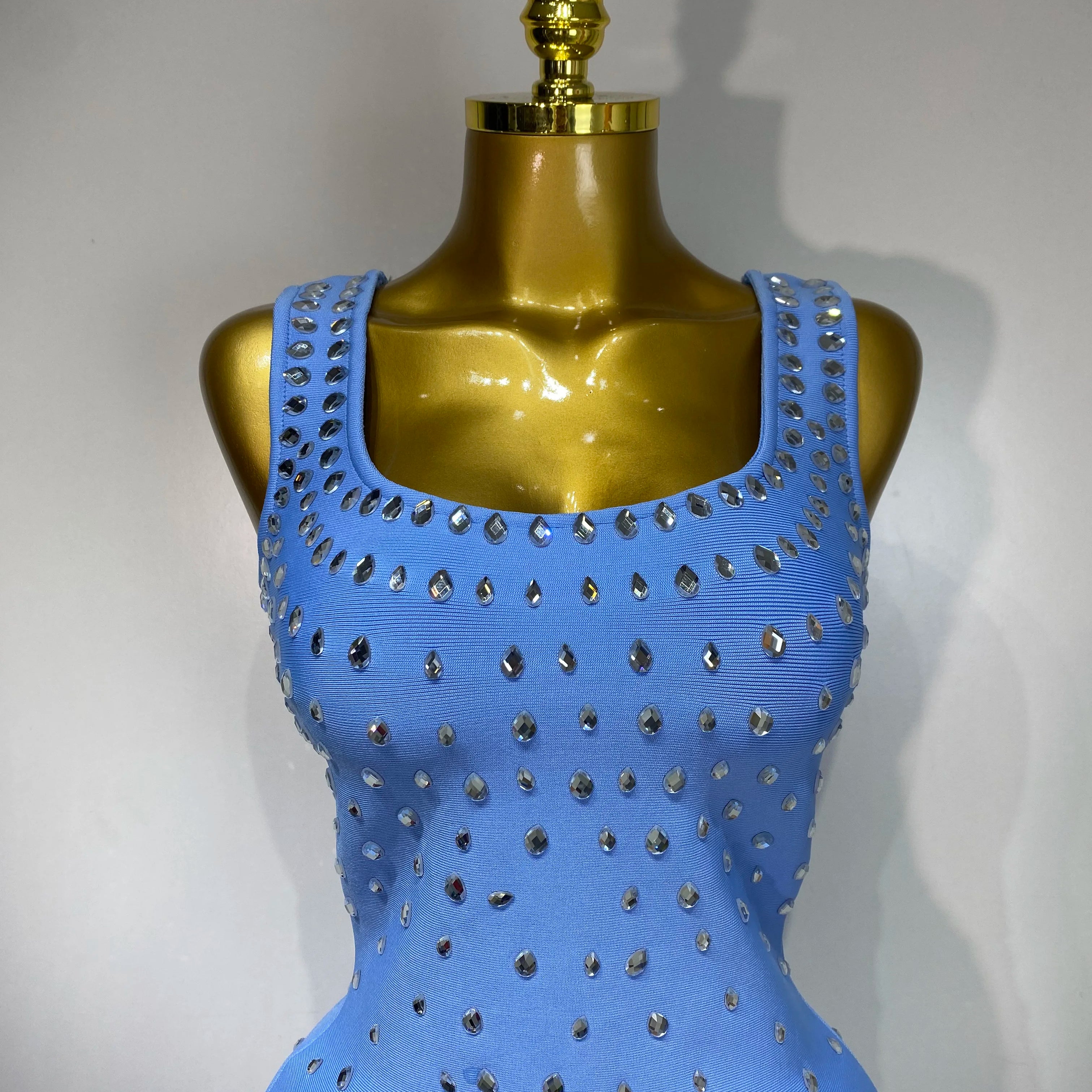 Women Sparkly Rhinestone Bandage Long Dress Elastic Sleeveless Bodycon High Street Evening Club Party Elegant Birthday Gowns