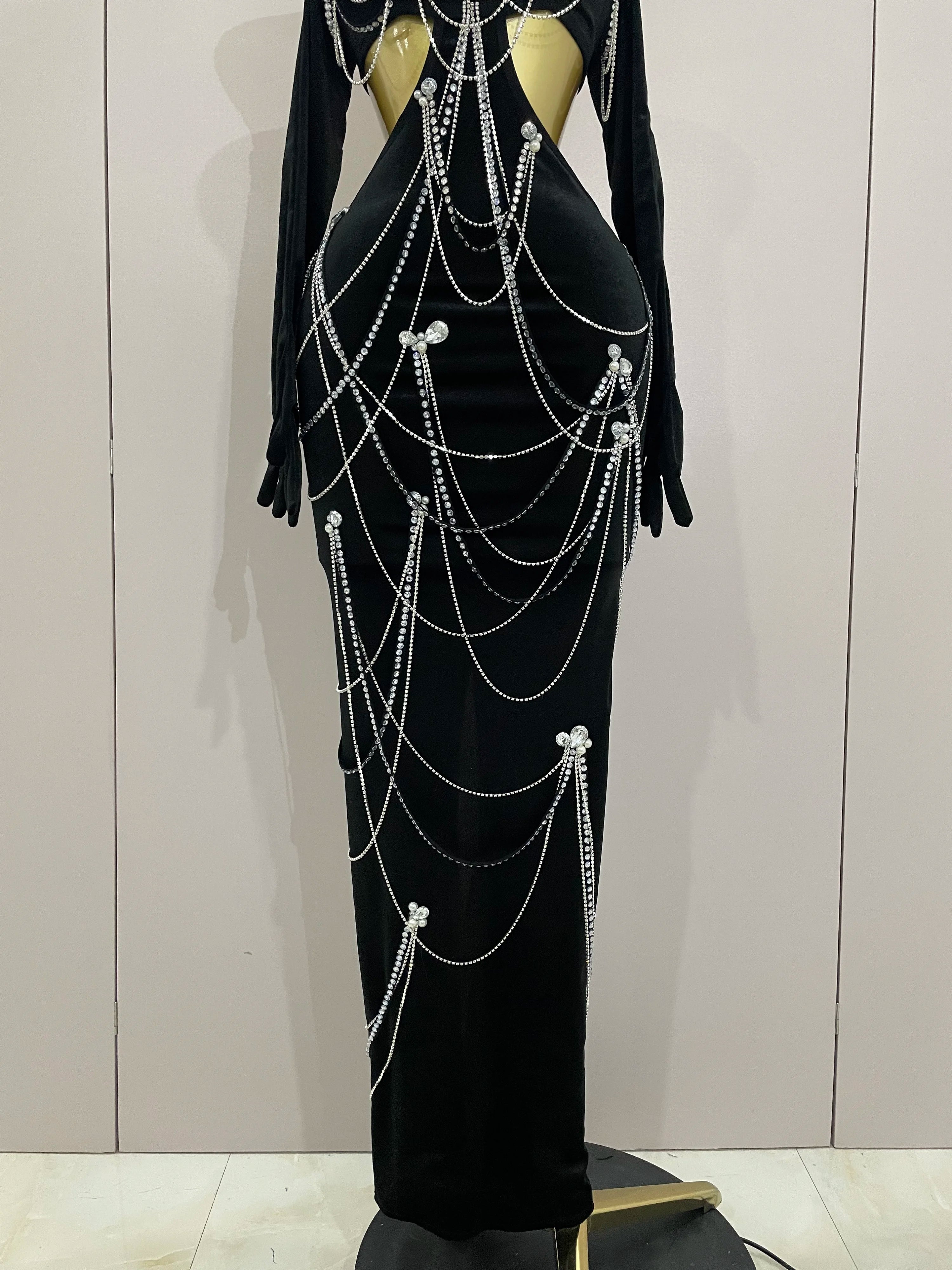 2025 Women Sparkly Diamonds Tassels Chain Balck Sexy Halter Backless Long Dress Evening Birthday Party Celebrate Stage Costume