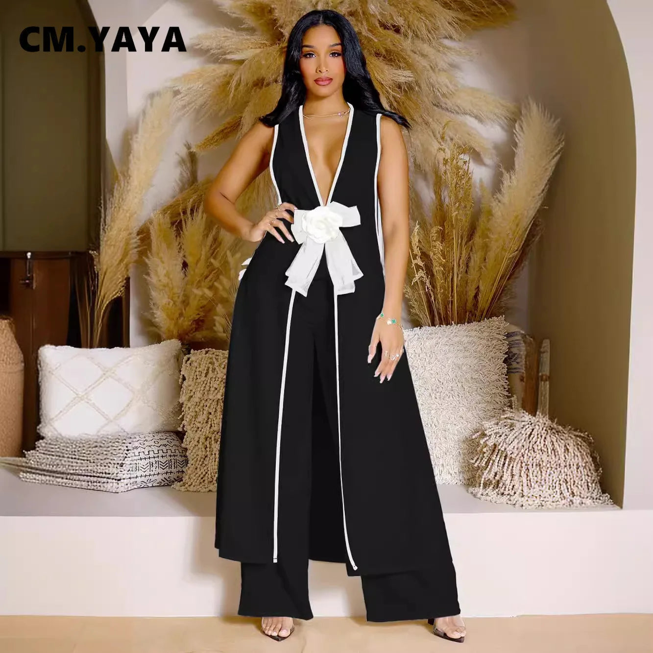 CM.YAYA Women Set 3D Flower Sleeveless V-neck X-long Shirt Coats + Wide Leg Pants Two 2 Piece Sets Fashion Outfits 2024 Summer