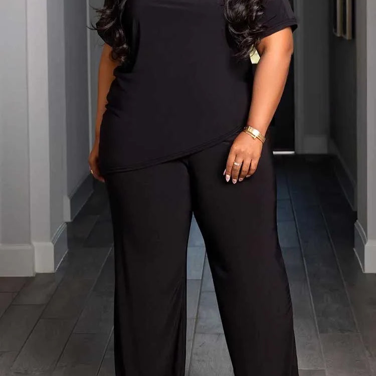 Plus Size Woman Clothing Summer Suit with Pants Casual Loose 2 Piece Sets Trousers and Top Solid Color Wholesale Dropshipping