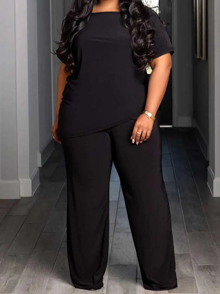 Plus Size Woman Clothing Summer Suit with Pants Casual Loose 2 Piece Sets Trousers and Top Solid Color Wholesale Dropshipping