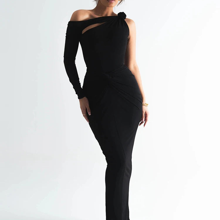 Rose One Shoulder Backless Sexy Maxi Dress For Women Hollow Out Single Sleeve Ruched Bodycon Club Party Long Dress