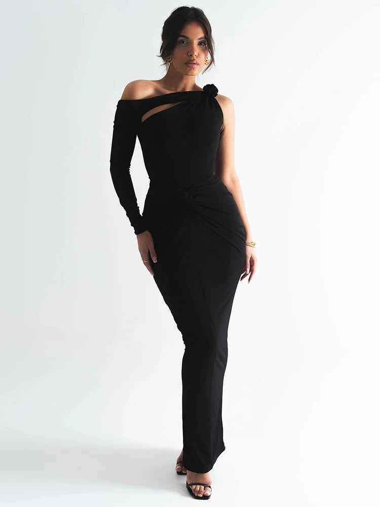 Rose One Shoulder Backless Sexy Maxi Dress For Women Hollow Out Single Sleeve Ruched Bodycon Club Party Long Dress