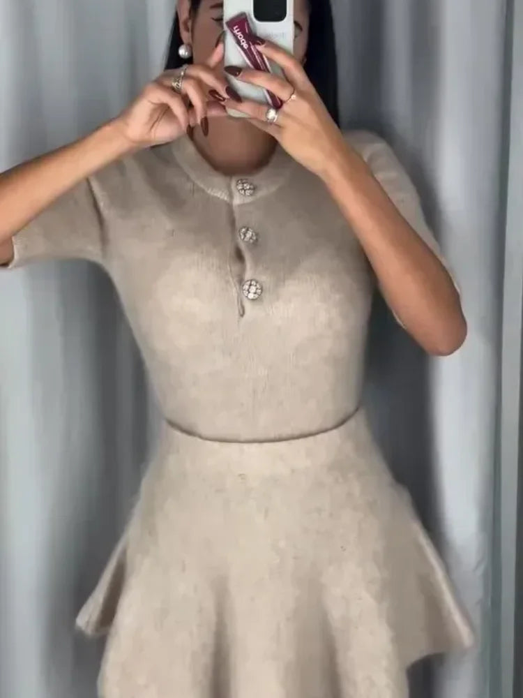 Women Fashion Wool Half Sleeve Slim Skirts Suits Female Button Knit Top Suit New Lady Commute Casual Knitted Outfits