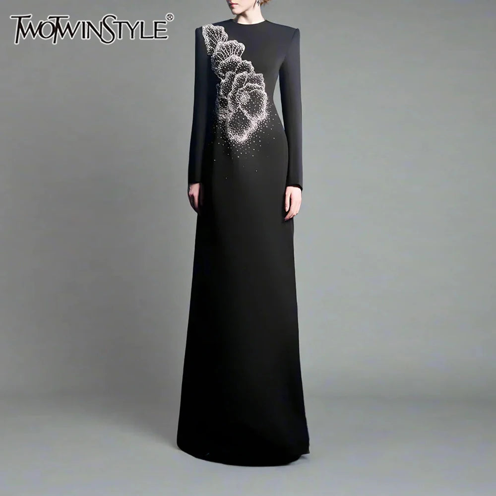 TWOTWINSTYLE Solid Spliced Stick Drill Elegant Dresses for Women Round Neck Long Sleeves Temperamnet Dress Female Fashion New