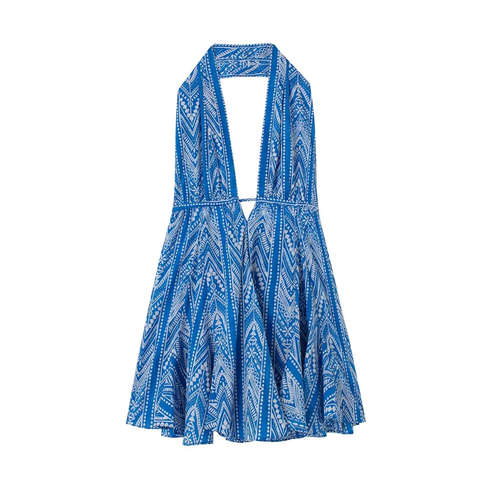 Floral Printed Beach Dress Women Mini Sexy Deep V-neck Backless Halter Female Dresses Summer Vacation Sleeveless Short Robe 02 blue