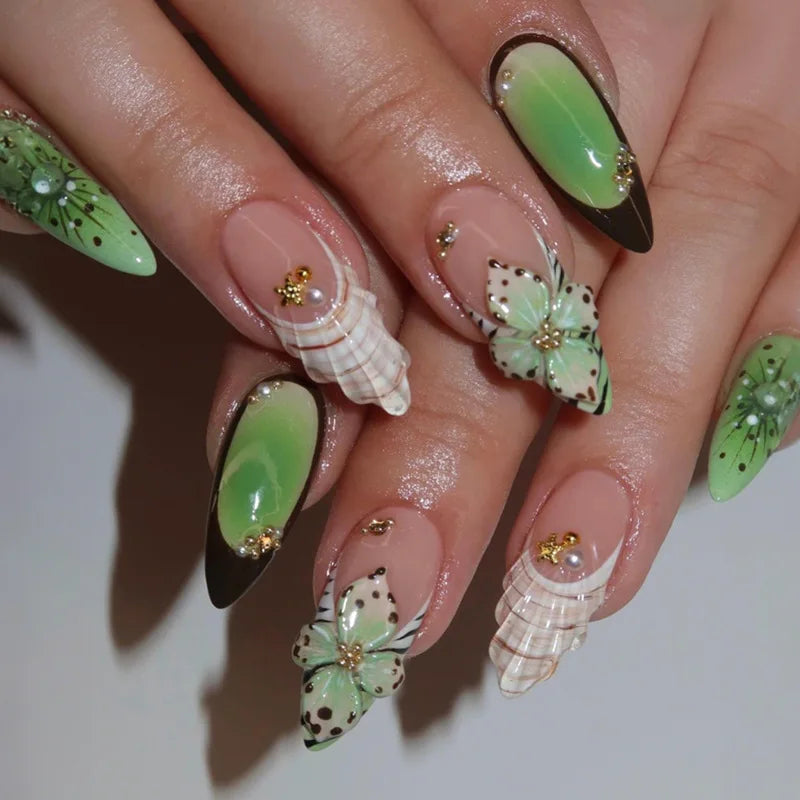 24Pcs 3D Water Ripple Wearable Almond Nail Tips Blue Ocean Shell Design Manicure Colorful Flower Pearl Detachable False Nail Set