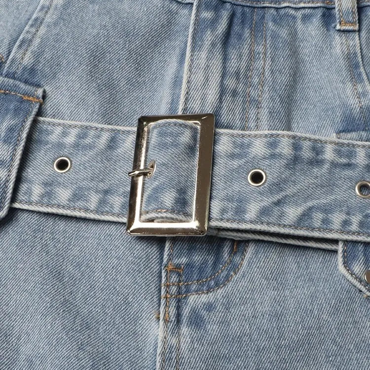 TWOTWINSTYLE Casual Cut Out Denim Trousers For Women High Waist Patchwork Belt Vintage Streetwear Jean Female Fashion Clothing