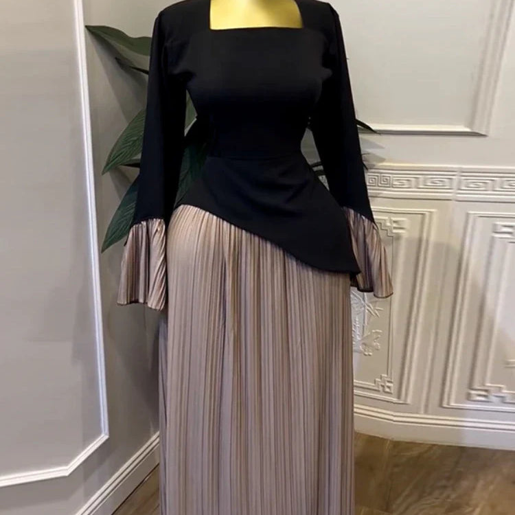 CM.YAYA Women Patchwork Flare Long Sleeve U-collar Pleated Big Swing Maxi Long Dress 2025 Birthday Sexy Club Party Even Dresses