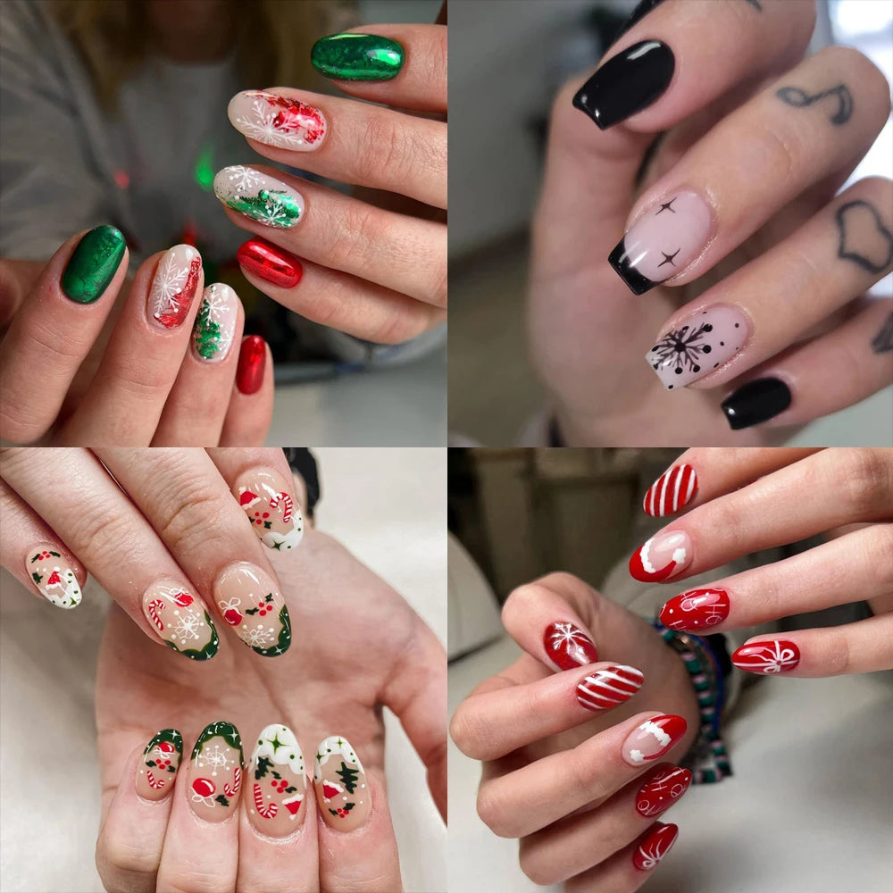 24 st/box julkvinnor bärbara falska naglar slutade fullt omslag Europa America Christmas Collection Short Flat Nails Art Gift
