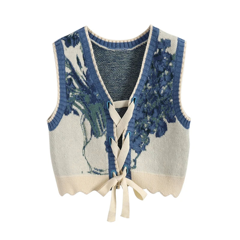 Vintage Sweater Vests Women Harajuku Print Sleeveless Knitted Waistcoat Streetwear Korean Cropped Bandage Knitwear Tank Top New Picture 2