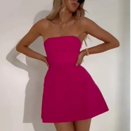 Sexy Solid Strapless Mini Dress For Women Elegant Slim Backless Pockets A-line Dresses Female Chic High Street Vestido Robe RED